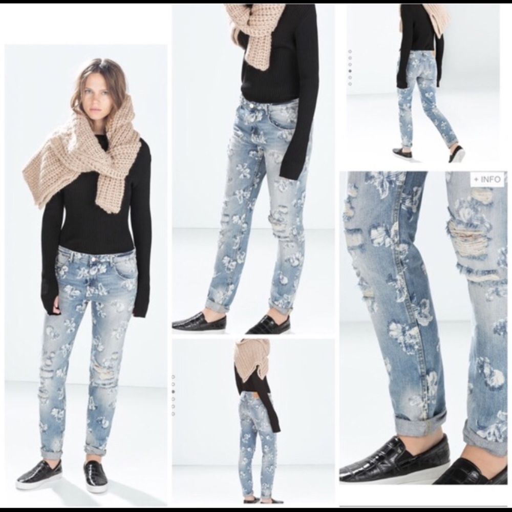 Zara Distressed floral print Boyfriend jeans 4